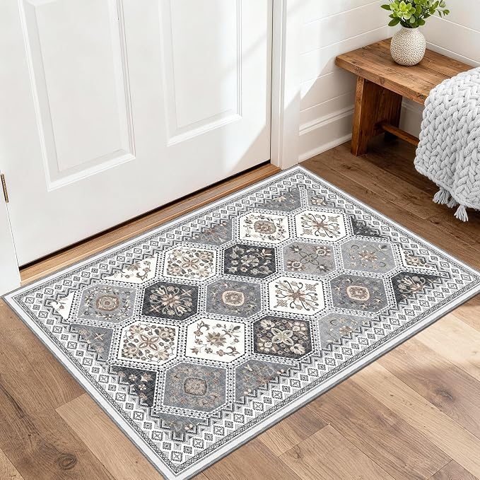2x3 Washable Entryway Rugs, Non-Slip Boho Rug, Gray/Gold | Soft Moroccan Low-Pile Printed Indoor Throw Rugs for Entrance, Kitchen, Bedroom Bedside