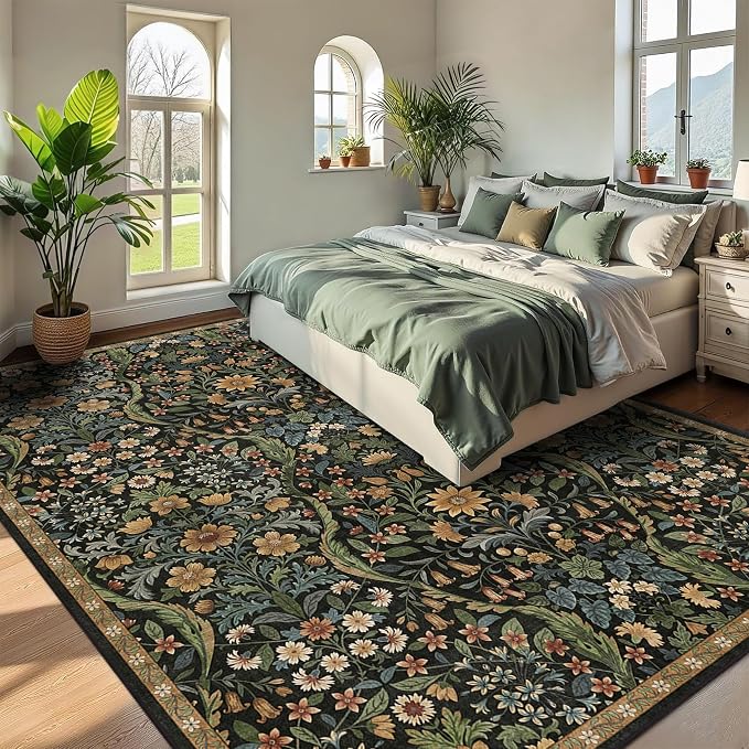 8x10 Washable Area Rug for Living Room, Large Vintage Black Brown Floral Rugs, Soft Non-Slip Stain Resistant Boho Lightweight Carpet for Girls Bedroom Dining Room Nursery Home Office