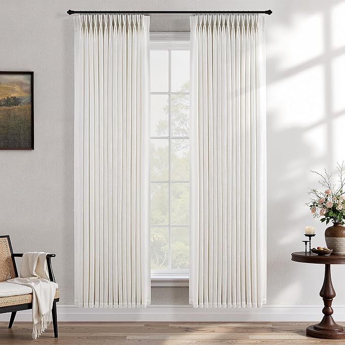 Pinch Pleat Linen Curtains 72 Inch Length 2 Panels for Living Room Bedroom Natural Cream Beige Birch Semi Sheer Light Filtering Curtains Privacy Window Drapes Neutral Boho Modern Farmhouse Decor