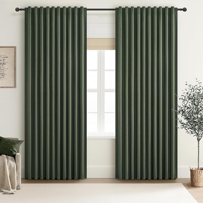 Dark Olive Green Curtains 70 Inch Length Extra Wide Pleated Black Out 108 Inch Long for Living Room, Linen Thick Sliding Glass Door Heavy Duty Insulated Large Window Drapes (70"Wx108"Lx 2Panels Loden)
