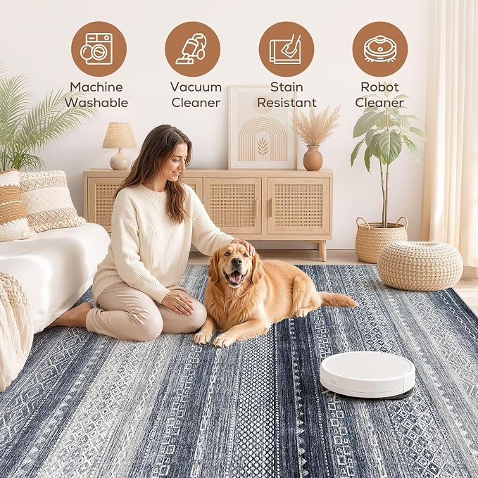 6x8 Area Rugs Living Room: Washable Boho Large Neutral Soft Rug Modern Stain Resistant Moroccan Indoor Non Slip Floor Carpet for Bedroom Nursery Kids Playroom Office Dining Room Dorm- Blue