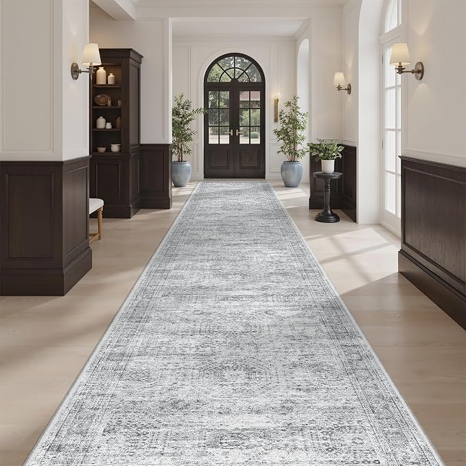Soalmost Hallway Runner Rug 3x16 - Vintage Non Slip Washable 16ft Kitchen Runner for Entrance Soft Long Carpet Runners for Living Room Bedroom Dining Room, Grey
