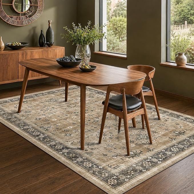 Traditional Washable 6x8 Area Rug for Living Room, Vintage Boho Dining Room Rugs for Under Table, Lightweight Foldable Low Pile Soft Carpet, Earthy Taupe & Sage Floral Design