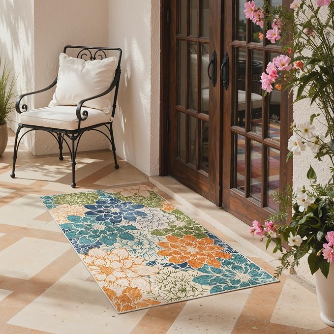 GENIMO 3x5 Outdoor Rug, Washable for Porch and Balcony, Teal Blue | Floral design for entryway; fade resistant chenille with quick-dry non-slip backing for indoor mudroom