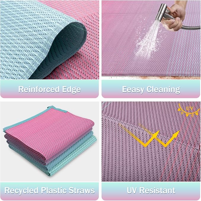 Lahome 6x9 Outdoor Rugs for Patios Outside, Plastic Straw Stain Resistant Rug Reversible Rv Mat, Porch Floor Carpets for Camping Deck Balcony Tent, Pink Green 6'x9'