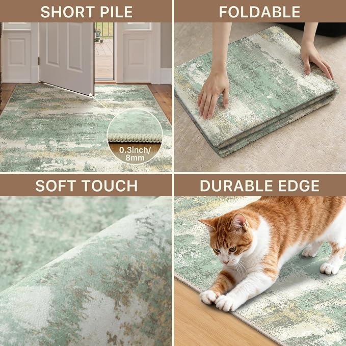 GENIMO Runner Rug Non Slip 2'6"x8', Washable Rug Runner for Hallways Kitchen, Abstract Modern Kitchen Rugs, Low Pile Lightweight Carpet Runners for Entryway, Bedroom, Laundry, Light Green