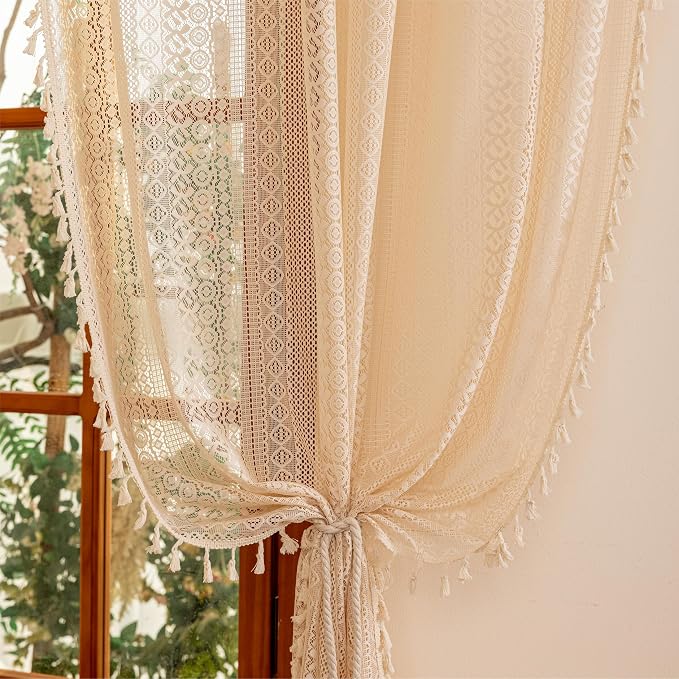 Sutuo Home Beige Boho Lace Curtains 84 inches Long,Crochet Macrame Bohemian Drape Farmhouse Vintage Chic Tassels,Cream Sheer Window Curtains for Living Room&Bedroom Decor Rod Pocket, 2 Panels 50" W