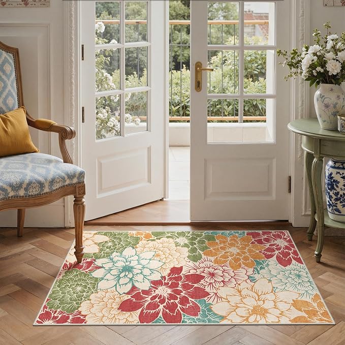 GENIMO 3x5 Outdoor Rug, Washable for Porch and Balcony, Rust Teal | Floral design for entryway; fade resistant chenille with quick-dry non-slip backing for indoor mudroom