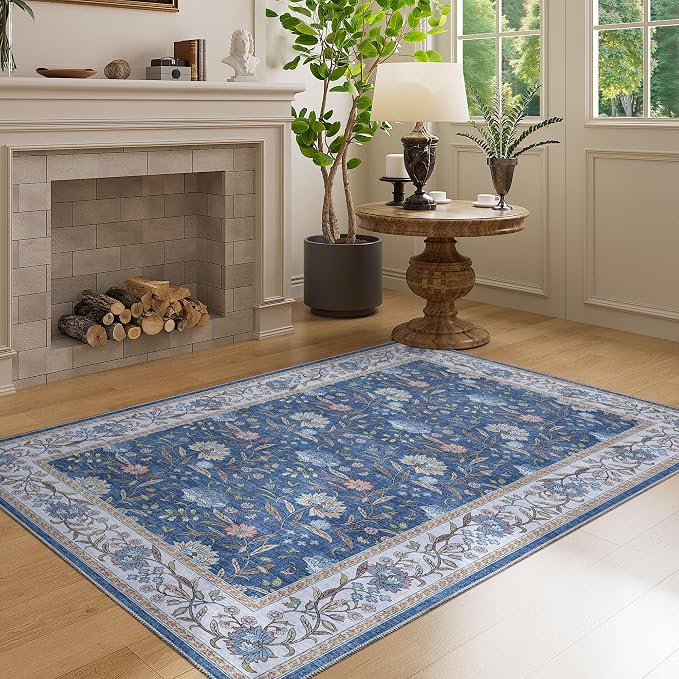 DUKINO 3x5 Rug, Washable Vintage Floral Bedroom Area Rug Non Slip, Sky Blue | Low Pile, Non-Shedding, Stain Resistant Boho Lightweight Soft Indoor Carpet for Bathroom Office Dining Living Room Farmhouse
