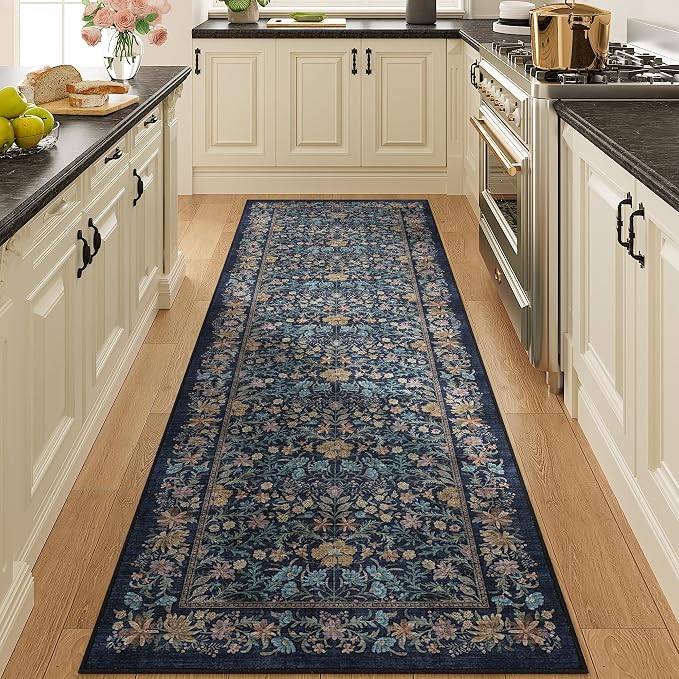 DUKINO 2x10 Runner Rug, Washable Vintage Floral Kitchen Rug, Dark Blue | Non Slip, Low Pile, Non-Shedding, Stain Resistant Soft Long Runner Carpet for Hallway, Bathroom, Bedroom, Entryway, Farmhouse