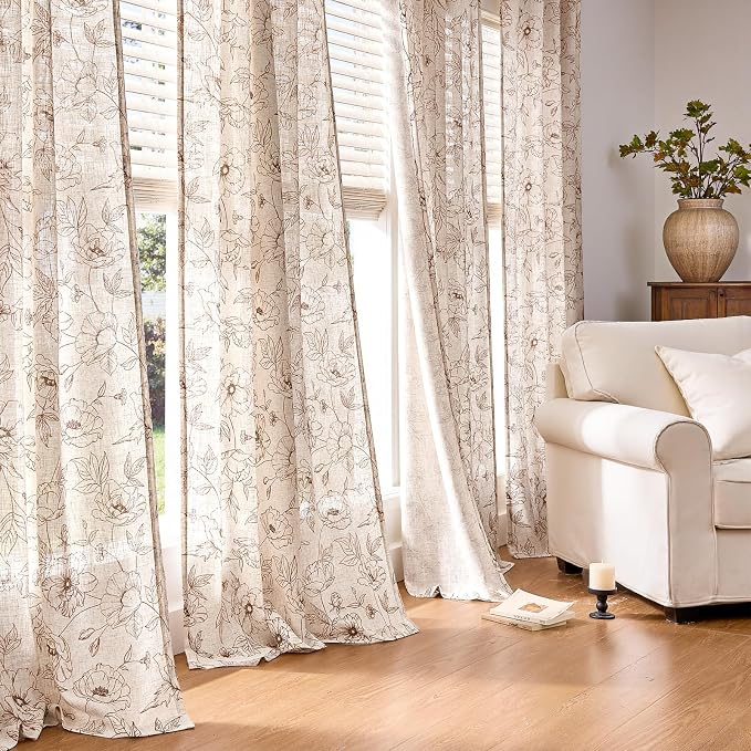 jinchan Floral Linen Curtains for Living Room 84 Inch Length Brown Flower Curtain Rod Pocket Back Tab Farmhouse Curtains with Printed Floral Bedroom Window Curtain Set, 2 Panels Brown