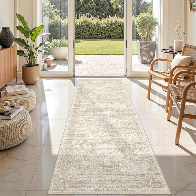 2x7 Runner Rug Non Slip,Washable Hallway Runner Rug,Beige | Neutral Rugs for Kitchen,Entryway,Bedroom,Bathroom,Nursery Room,Thin,Soft Runner Rug,Stain Resistant Indoor Carpet