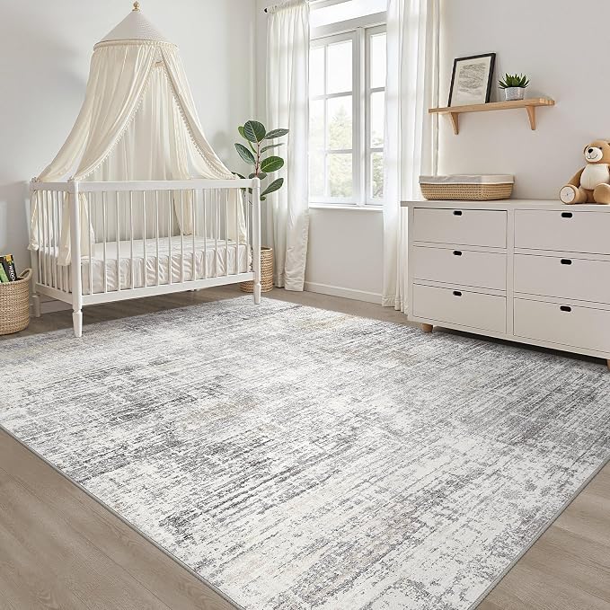 8x10 Area Rugs Living Room: Washable Large Neutral Rug Abstract Soft Modern Stain Resistant Indoor Floor Non-Slip Carpet for Bedroom Nursery Kids Office Playroom Dining Room Under Table- Gray Beige