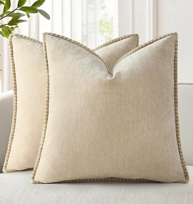 decorUhome Soft Chenille Throw Pillow Covers 24x24 Set of 2 Beige | Fall Textured Decorative Throw Pillow Cases Stitched Edge Modern Farmhouse Luxury Boho Velvet for Couch Sofa Bed Home Decor