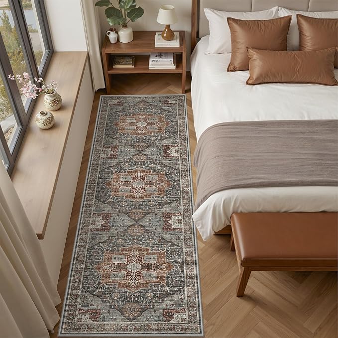 Roxstand Washable 2.6x8 Hallway Runner Rug, Grey/Brown/Tan | Low-Pile Carpet, Non-slip Backing,8ft Runner, Stain Resistant, Runner for Kitchen, Laundry Room, Entryway, Vintage Design
