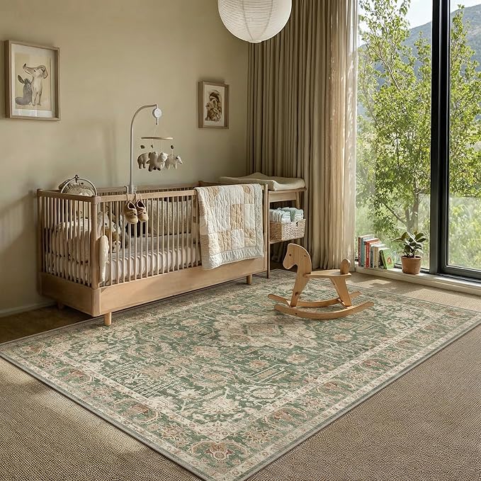 HUGEAR 5x7 Area Rug Green Machine Washable Rug Room Decor Vintage Distressed Living Room Rugs Non Slip Low Pile Soft Carpet for Bedroom Office Dining Room Soft Lightweight