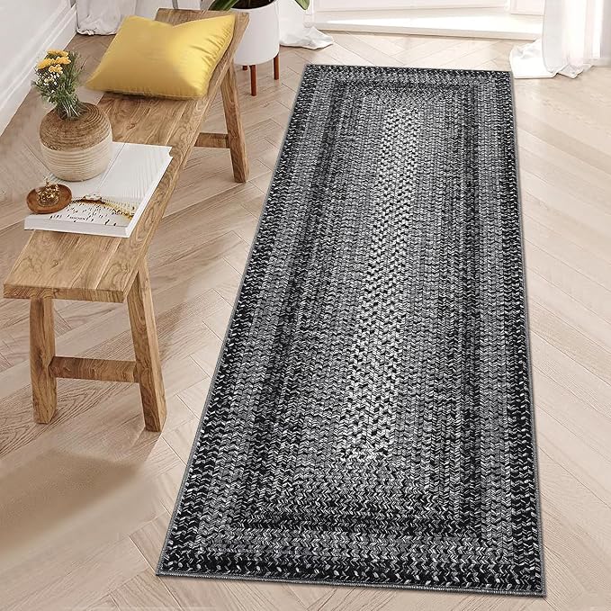 RUGSREAL Runner Rug for Hallway Kitchen Runner Rug 2x10, Machine Washable Long Runner Throw Carpet with Rubber Backing, Stain Resistant Braided Printed Entryway Carpet for Bedroom Living Room, Black