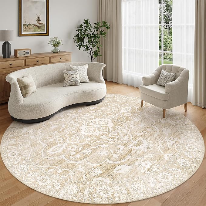 Soalmost Washable Round Rug 8ft for Living Room, Soft Circle Area Rug Beige | Vintage Floral Ultra-Thin Non-Slip Rugs, 8x8 Round Throw Carpet for Dining Room Nursery Bedroom Kitchen 8'Round
