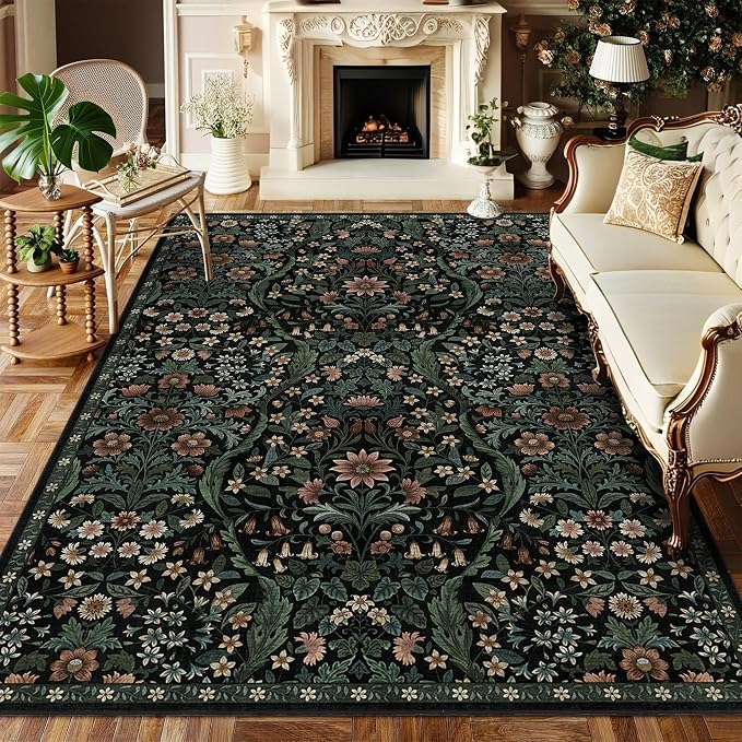 5×7 Black Washable Floral Area Rug,Vintage Boho Soft Low-Pile Living Room Rugs, Stain Resistant Botanical Non-Slip Carpet for Bedroom,Dining Room, Kids Nursery,Home Decor