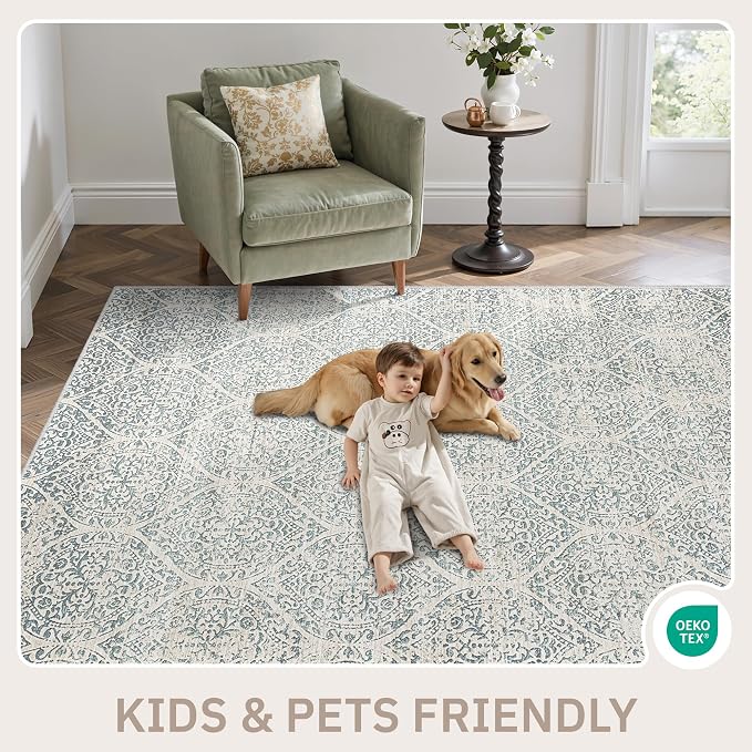 Soalmost 3x5 Area Rugs for Entryway, Washable Moroccan Trellis Soft Rug | Low Pile Non-Slip Throw Area Rugs, Accent Rug Indoor Mat for Bedside Living Room Kitchen Bedroom Teal Blue