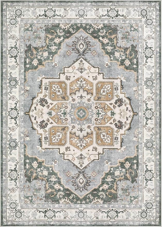 6x9 Washable Area Rug: Vintage Neutral Soft Non Slip Thin Large Floor Carpet for Living Room Bedroom Kitchen Dining Room Home Office Farmhouse Indoor - Green