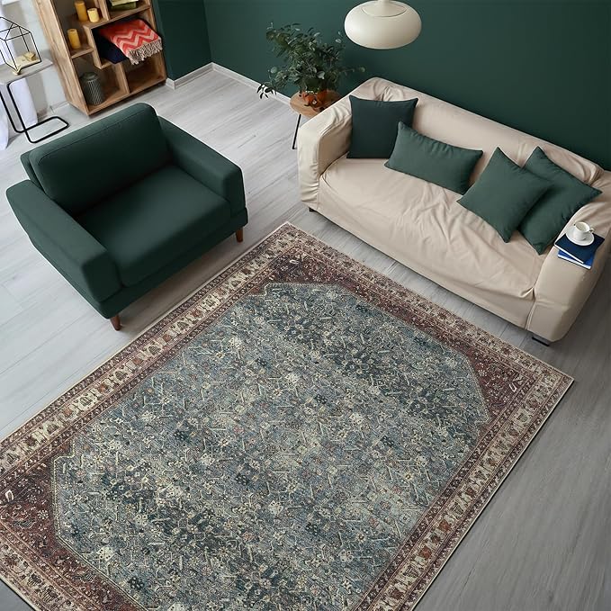Keen Home Design 5x7 Rug - Machine Washable Area Rug with Non-Slip Backing, Ideal for Living Room, Dining Room, Bedroom - Vintage, Easy Clean, Durable, Low Pile Rug - (5' x 7')