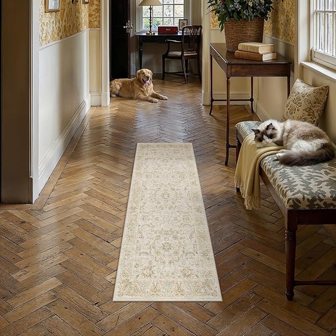 2x6 Beige Washable Runner Rug Non Slip Retro Distressed Carpet | Soft Low Pile, Lightweight Foldable, Pet Friendly, Hallway, Kitchen, Bathroom, Front Door, Beside Bed