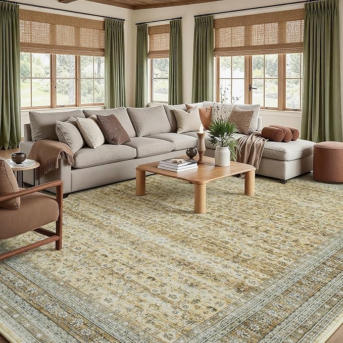 9x12 Area Rugs for Living Room Bedroom, Washable Large Rugs Non-Slip | Vintage Distressed Retro; Low Pile; Stain Resistant; Neutral Boho Carpet for Dining Room, Nursery, Home Office; Oatmeal Beige