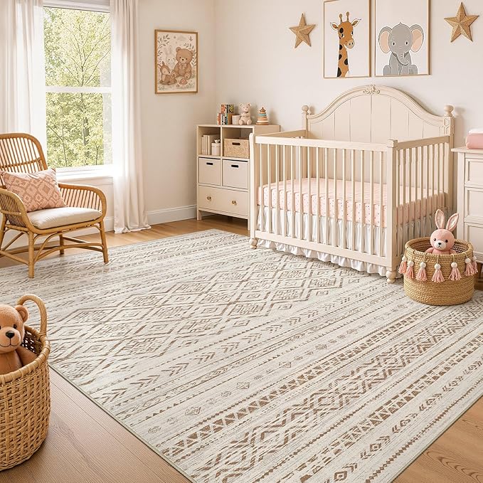 Nakagishi Area Rug Living Room Rugs: 8x10 Large Soft Machine Washable Boho Moroccan FarmNeutral Stain Resistant Indoor Floor Carpet for Bedroom Under Dining Table Home Office Decor-Brown