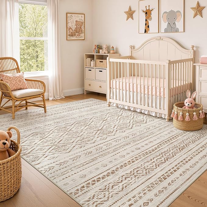 Nakagishi Area Rug Living Room Rugs: 5x7 Large Soft Machine Washable Boho Moroccan FarmNeutral Stain Resistant Indoor Floor Carpet for Bedroom Under Dining Table Home Office Decor-Brown