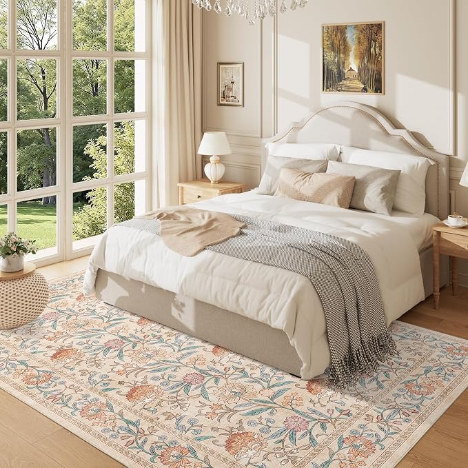 DUKINO 5x7 Area Rugs, Vintage Floral Washable Rug for Living Room, Beige | Non Slip, Low Pile, Non-Shedding, Stain Resistant Lightweight Boho Soft Carpet for Bedroom Home Office Dining Room Farmhouse