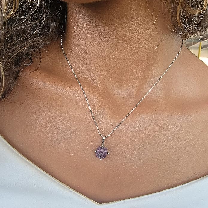 Natural raw gemstone pendant chain necklace with white gold over 925 solid sterling silver, birthstone dainty solitaire gift for her, uniquelan jewelry