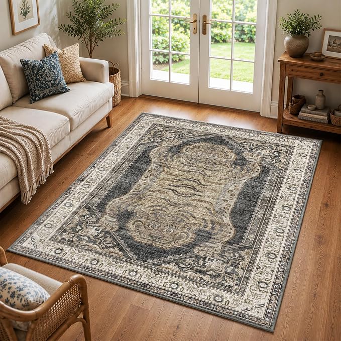 CHAMPLANT Area Rug 6'x9' Washable Vintage Traditional Floor Cover Thin Retro Kitchen Indoor Distressed Non Slip Carpet for Living Room Bedroom Dining Room