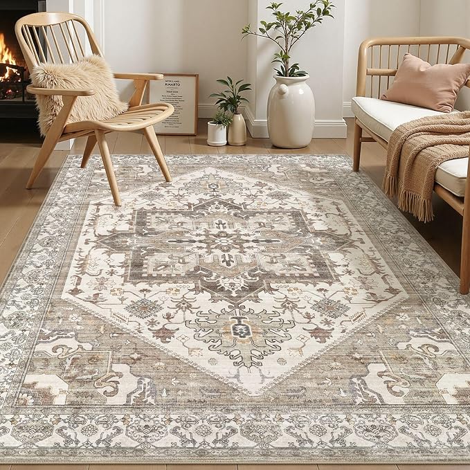 Area Rug for Living Room - 5x7 Washable Oriental Vintage Floral Large Soft Carpet - Fade Stain Resistant Non Slip Rugs for Bedroom Dining Room Nursery Dorm Office Home Decor - Beige Brown