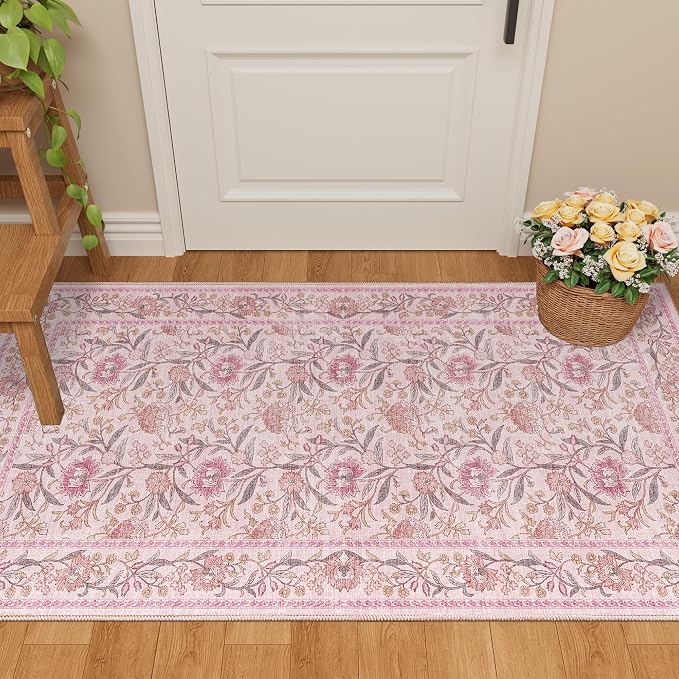 DUKINO 2x4 Rug, Washable Vintage Floral Entryway Rug Non Slip, Pink | Low Pile, Non-Shedding, Stain Resistant Boho Lightweight Soft Indoor Carpet for Kitchen Bathroom Hallway Laundry Farmhouse