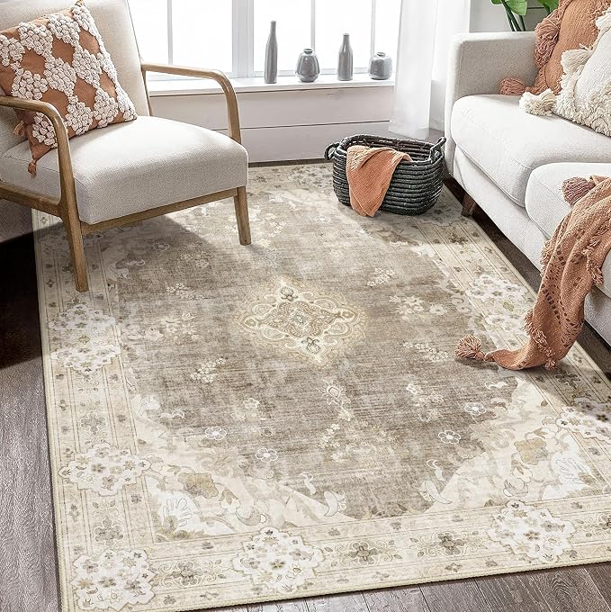 MUJOO Boho Rug 4'x6.5' Area Rugs Washable Non Slip Low-Pile Floral Beige | Machine Washable Throw Carpet for Bedroom Living Room Office Entryway Small Soft Floor Indoor Vintage Bohemian Flowers