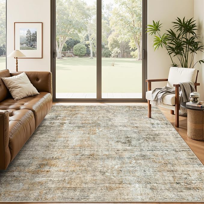 Soalmost Abstract Rug 5x7 Machine Washable Area Indoor Orange Low Pile Non-Slip Foldable Thin Accent Rugs for Bedroom Living Room Dining Room