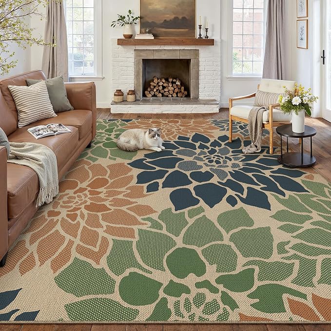 PureCozy 8x10 Easy Jute Outdoor Rug Navy/Organge Floral Textured Indoor Outdoor Area Rug Farmhouse Patio Carpet for Backyard, Patio, Porch, Easy-Cleaning, High Traffic, Pet-Friendly, Non-Shedding