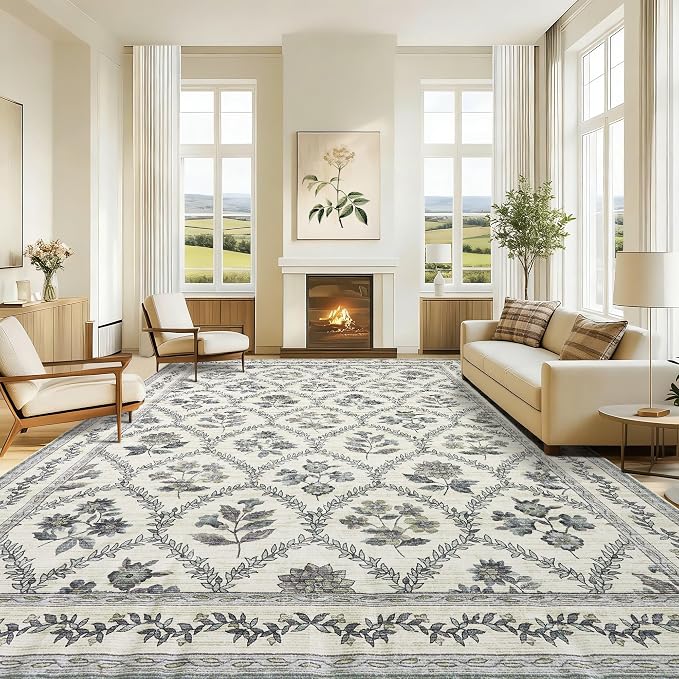Blue Floral 8x10 Area Rugs for Living Room, Blue and Green Multi Bedroom Rug Boho Low-Pile Dining Room Washable 8x10, Vintage Soft Indoor Non-Slip Floor Carpet Office Rug Playroom