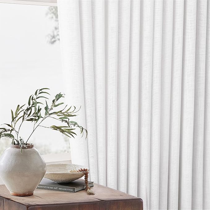 TWODRAPES Extra Wide 108 Inch Long Curtains 70 Inch Wide Pinch Pleat Linen Curtains for Living Room Bedroom Light Filtering Privacy Pleated Drapes Hooks Rings Back Tab for Sliding Door White 1 Panel