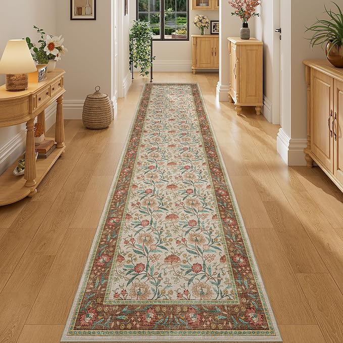 DUKINO 2x10 Runner Rug for Hallway, Washable Vintage Floral Rug, Brown | Non Slip, Low Pile, Non-Shedding, Stain Resistant Soft Long Runner Carpet for Kitchen Bathroom Entryway Bedroom Farmhouse