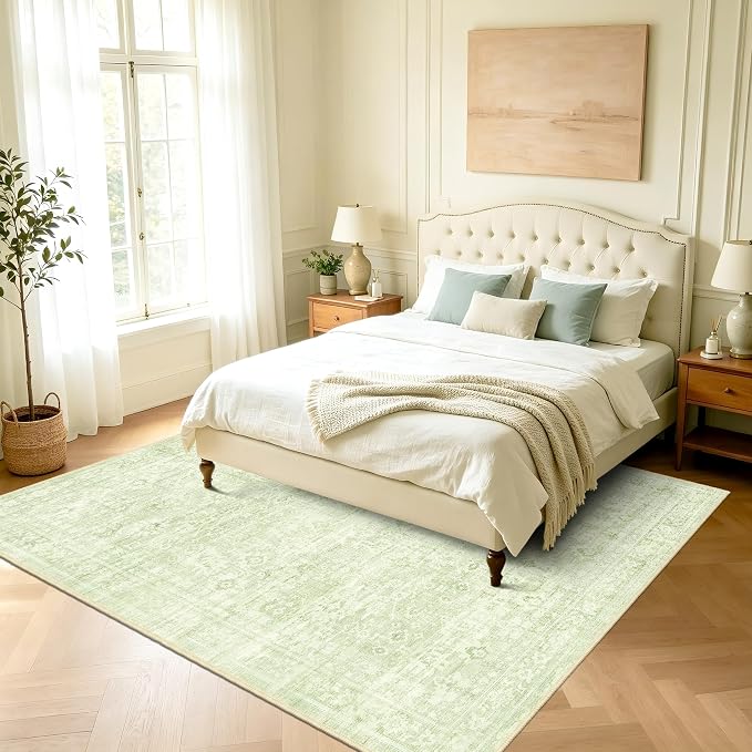 8x10 Area Rugs for Living Room, Neutral Vintage Boho Carpet, Light Green | TTelephant Washable Low Pile Indoor Rug for Bedroom and Nursery with Non-Slip Silicone Backing, Non-Shedding