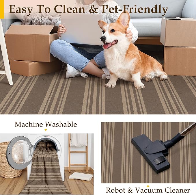PureCozy Outdoor Rug 3x5 Washable Striped Jute Look Non Slip Carpet | Nature Stripe Farmhouse Design, Indoor Outdoor Rug for Entryway Kitchen Bathroom Bedroom, Non Shedding, Neutral Decor
