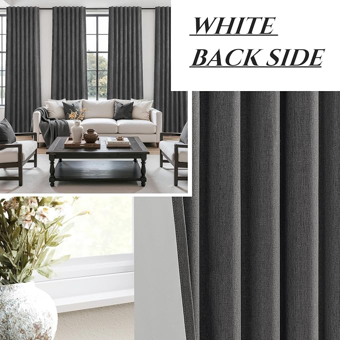 Dark Grey Blackout Curtains 84 Inch Length 2 Panels Set for Bedroom,Modern Faux Linen Room Darkening Pleated Charcoal Gray Burg with Rod Pocket 84 Inch Insulated Curtain for Office Sunroom (50"Wx84"L)