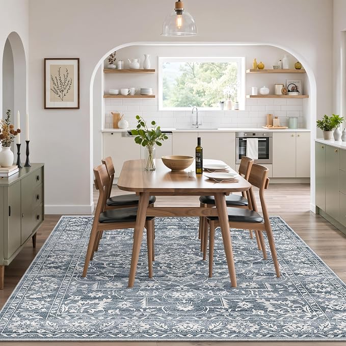 Soalmost 6x9 Area Rugs for Living Room, Washable Bedroom Soft Rug Blue | Vintage Floral Non-Slip Low Pile Stain Resistant Throw Large Neutral Carpet for Dining Room Kitchen Home Office Nursery 6'x9'