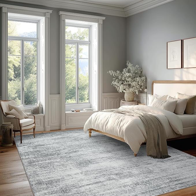 BILEEHOME 8x10 Area Rugs for Livingroom Modern Soft Washable Gray Rug Large | Minimalist Abstract Light Grey Carpet, for Bedroom Office, Low Pile Non Slip, Rubber Backing Foldable, Stain Resistant 8 x 10