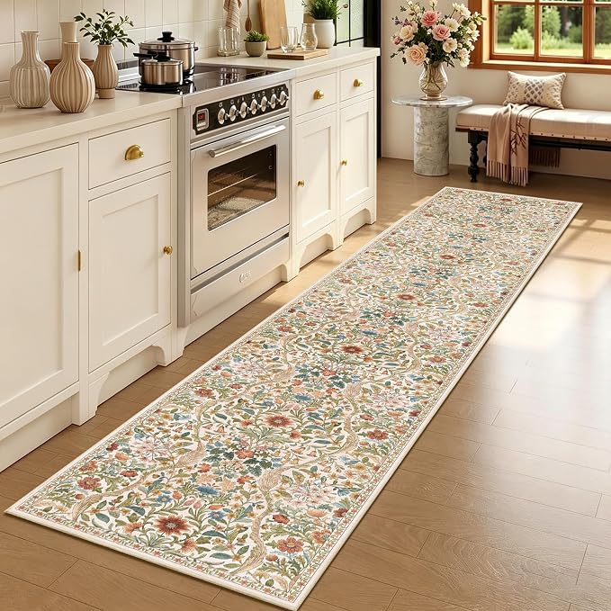 2x10 Washable Runner Rug,Beige Floral Boho Area Rug for Hallway,Low-Pile Non-Slip Stain Resistant Carpet for Kitchen, Bedside,Laundry Room,Entryway