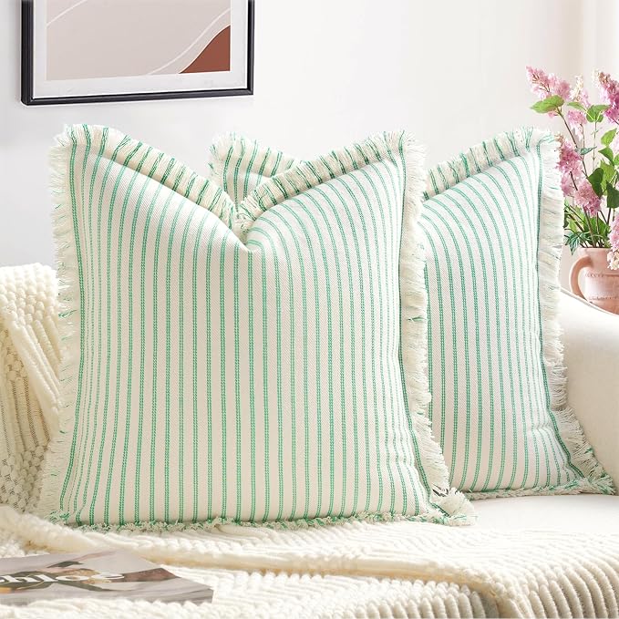 ZWJD Throw Pillow Covers 18x18 Set of 2 Green Striped Pillow Covers with Fringe Chic Cotton Decorative Pillows Square Cushion Covers for Sofa Couch Bed Living Room Farmhouse Spring Decor