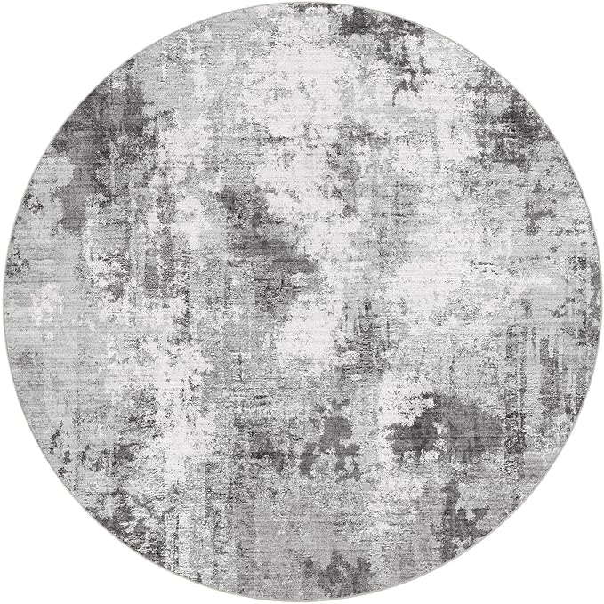 Abstract 12FT Round Rug: Machine Washable Non Slip Ultra Thin Low-Pile Carpet, Soft Stain Resistant for Living Dining Room Bedroom, Kid Pet Friendly, Robot Vacuum Compatible - Grey