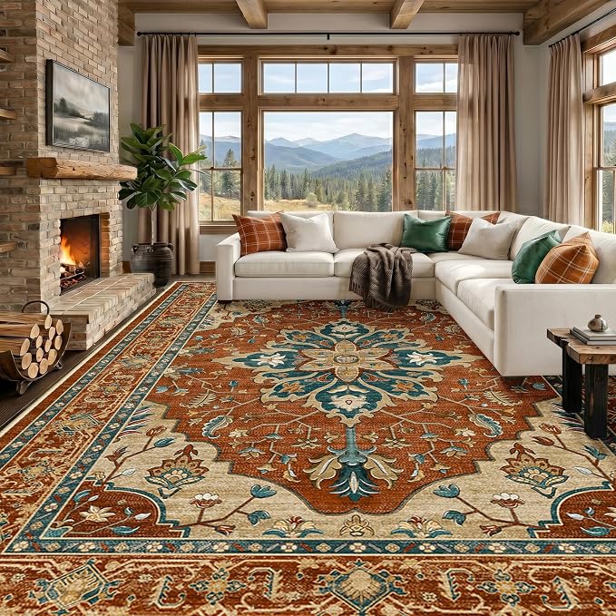 RELEANY Area Rugs Large 10'x14' Washable Non-Slip, Floral Vintage Distress Medallion Carpet for Living Room Bedroom Dining Room, Red Orange Blue Brown